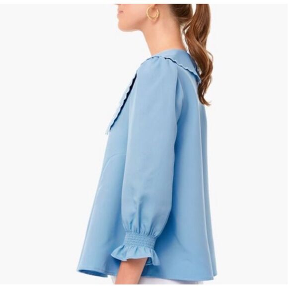 Tuckernuck Cornflower Blue Collared V-neck Embroidered Scalloped Trim Blouse XS - Picture 6 of 9